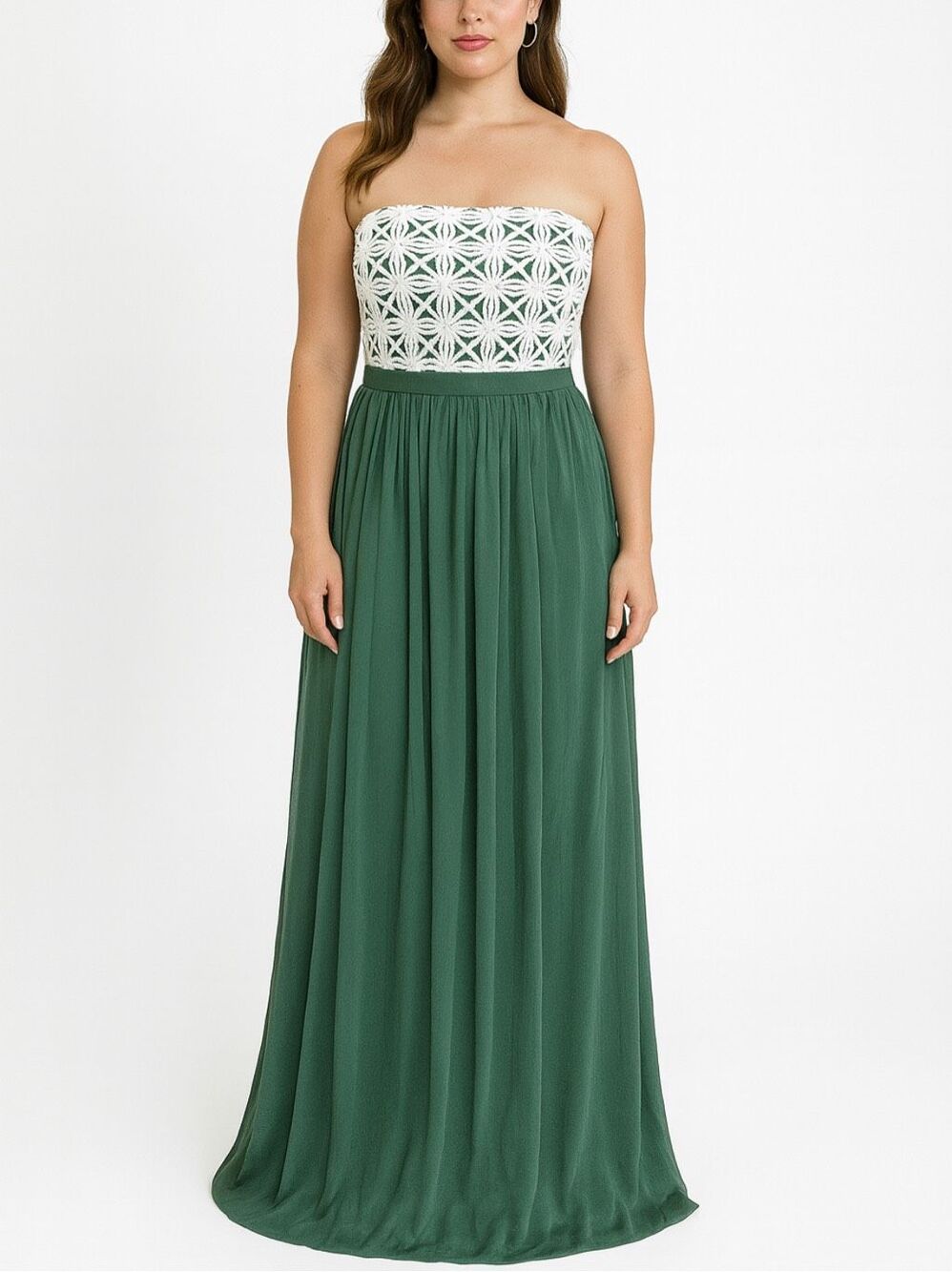 Lela Rose Daisy Lace Strapless Chiffon Maxi Dress Green White Size 8